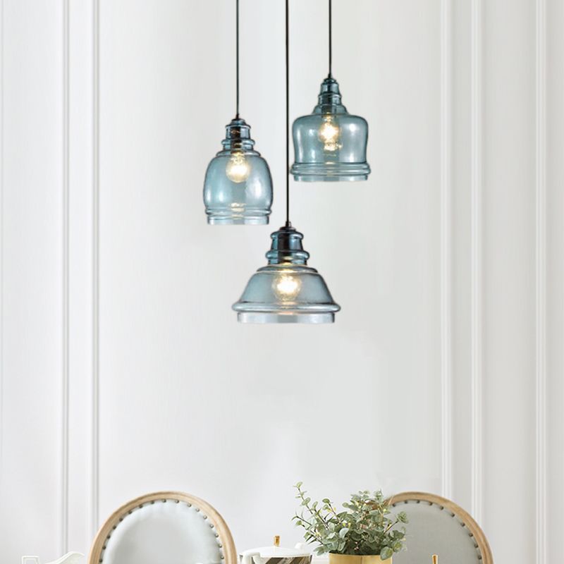 3 Lights Multi Pendant with Different Shade Blue Glass Modern Dining Room Hanging Light Fixture in Black, Round/Linear Canopy