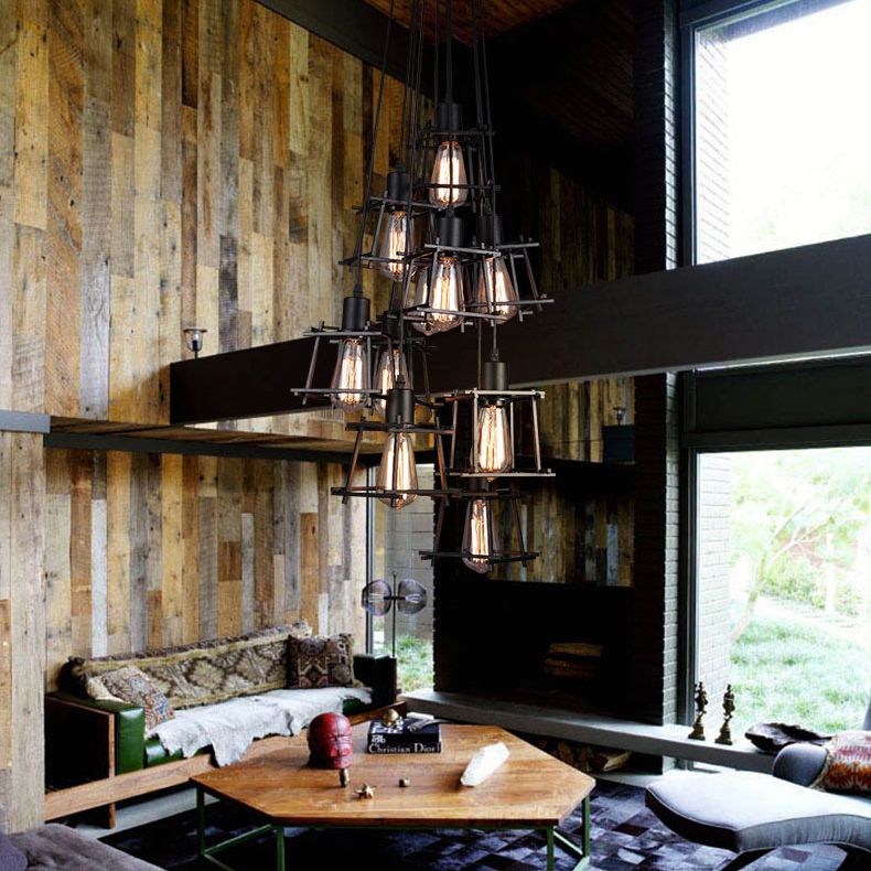 Black Cage Shade Multiple Hanging Pendant Lights Industrial Metal Multi Light Pendant Lighting for Living Room