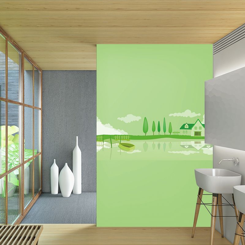 Green Lakeside House Wall Mural Decal Fantasy Cartoon Waterproof Wall Art for Nursery
