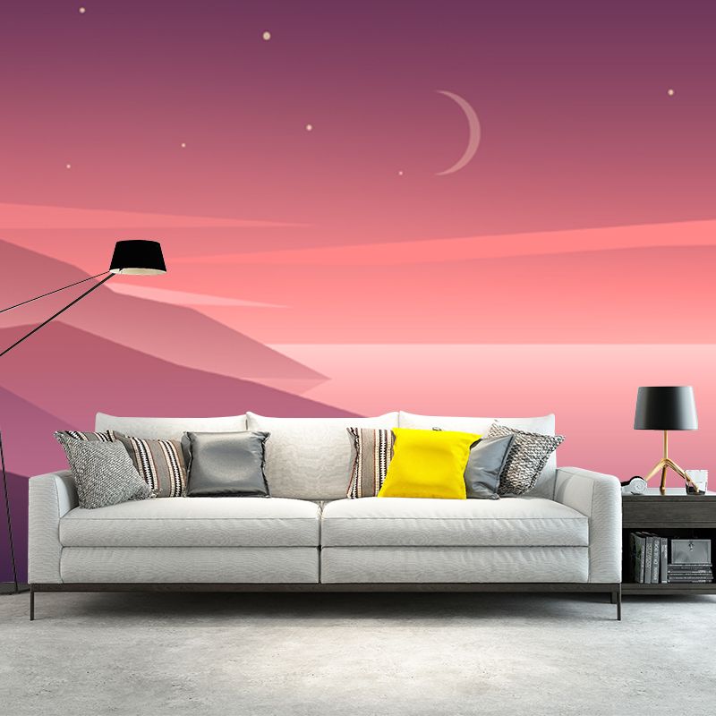 Starry Sky Mountain Landscape Mural Modern Non-Woven Fabric Wall Covering in Orange-Purple