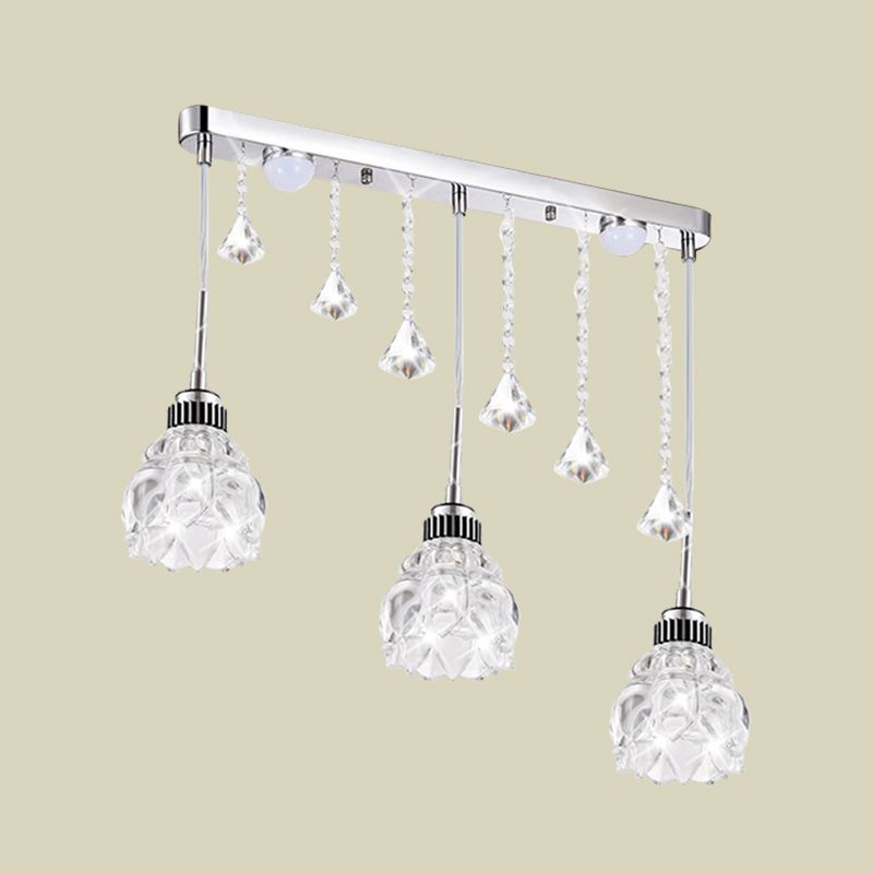 Silver Floral Down Lighting Simple 3 Heads Clear Crystal Glass Linear Multi Pendant Lamp Fixture over Dining Table