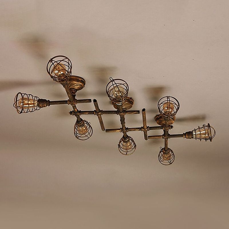 Jaula de alambre de latón, luz semiempotrada, hierro Industrial Vintage, 4/6/8 cabezales, iluminación de techo para sala de estar con tubo