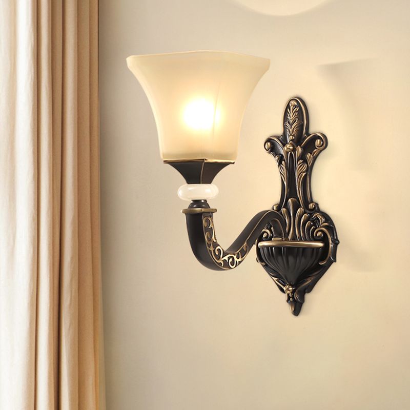 Black 1/2-Bulb Wall Mounted Light Fixture Retro Milky Glass Flared Shade Sconce Light