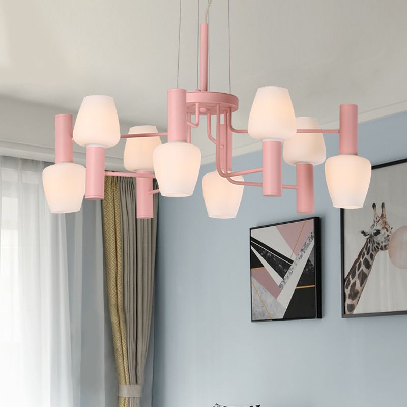 Grey/Pink/Yellow Conical Chandelier Lamp Modernist 8 Heads Frosted Glass Hanging Light for Living Room
