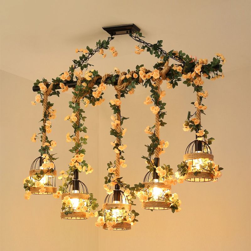 Birdcage Restaurant Island Lighting Industrial Hemp Rope 3/5-Light Black Ceiling Suspension Lamp