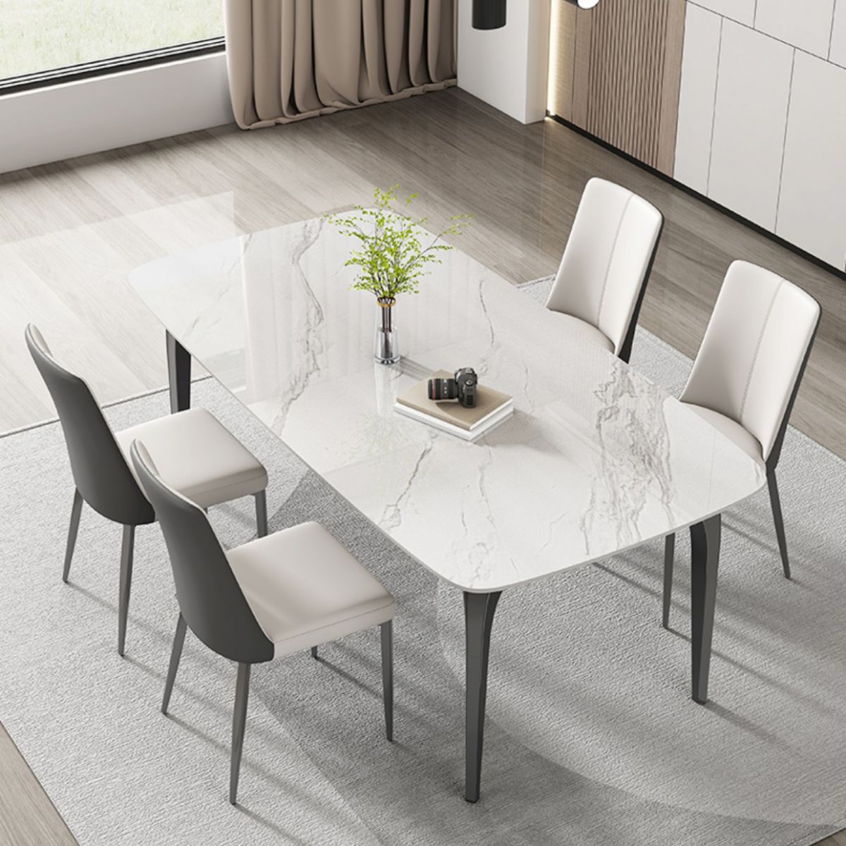 Contemporary White Rectangular Stone Dining Table with 4 Legs