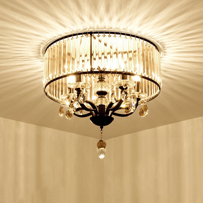 Round Crystal Block Semi-Flush Light Fixture Contemporary 4 Heads Black Ceiling Lamp in White Light
