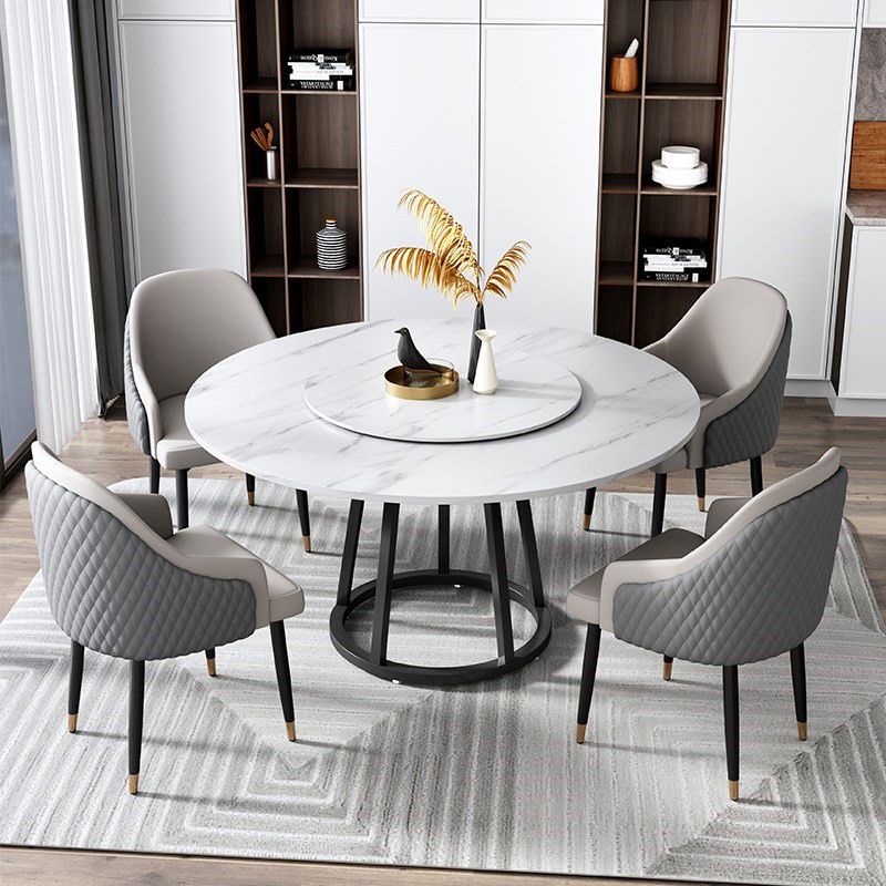 Round Black Iron Base Dining Table Modern Stone Pedestal Table