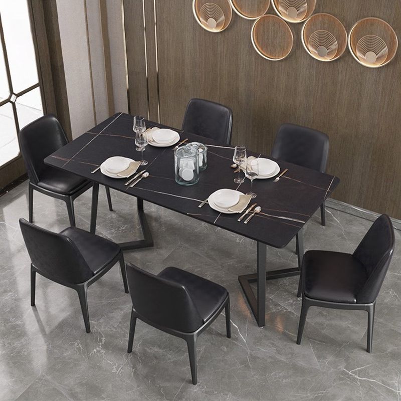 Modern Rectangle Stone Table for Restaurant Balck Metal Pedestal Dining Table