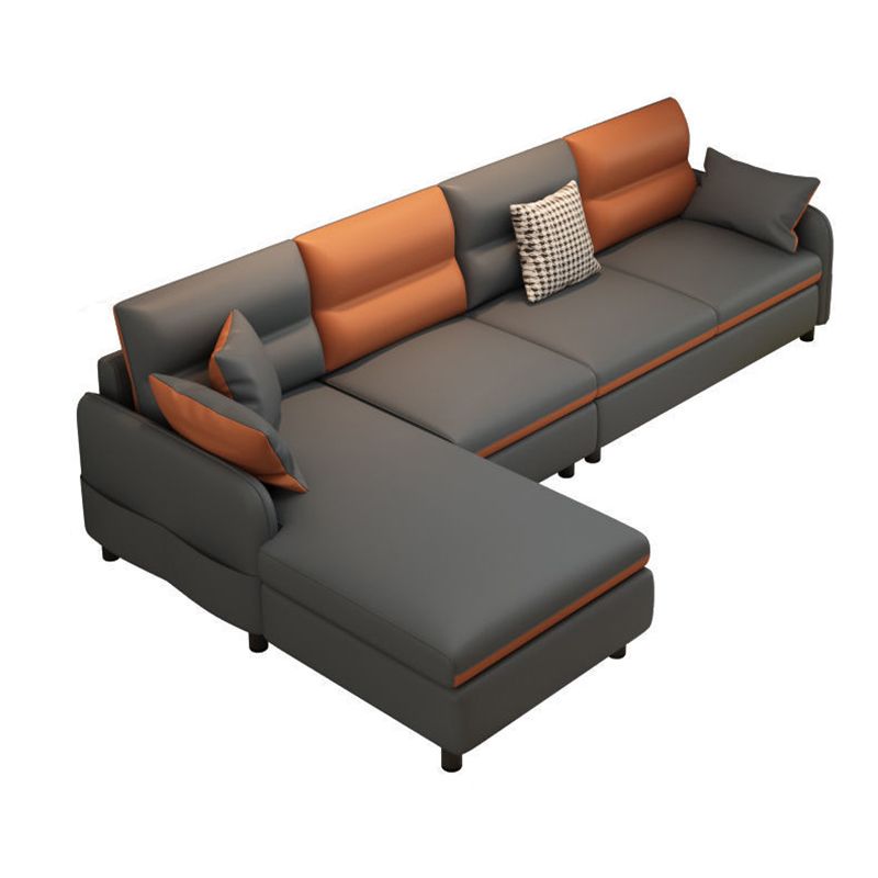 Vintage 4-seat Faux Leather Sofa & Chaise Square Arm Sewn Pillow Back Sofa