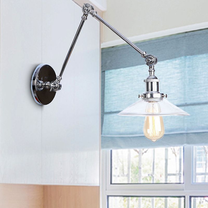 Clear Glass Tapered Wandleuchter Vintage Style 1 Licht Wohnzimmer Beleuchtung in Chrom