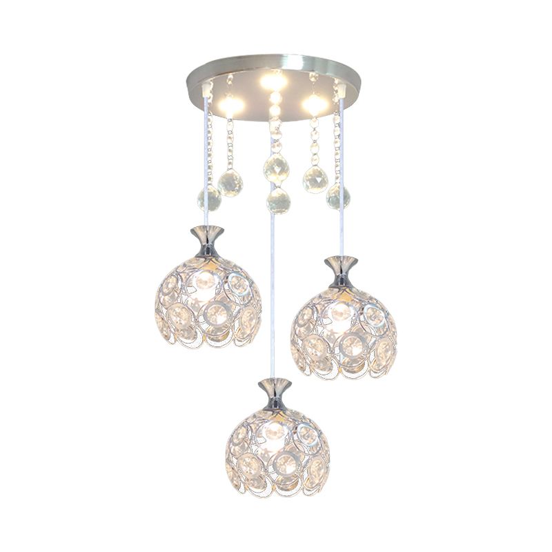 3-Head Dining Room Cluster Pendant Modern Silver Finish Pendulum Light with Dome Crystal-Encrusted Shade