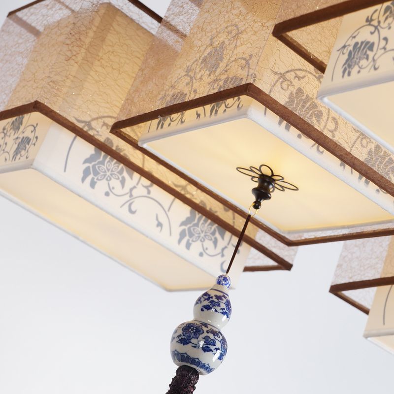 Chinese Style Flush Ceiling Light Fixture with Beige Fabric Shade for Living Room