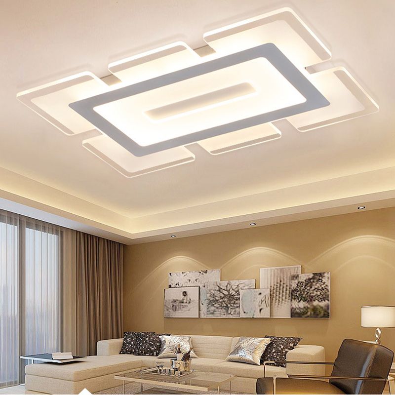 Plafonnier rectangulaire ultra fin en acrylique, moderne, blanc, 23,5 "/ 35,5" de long, LED encastré, lumière chaude/blanche, avec design découpé