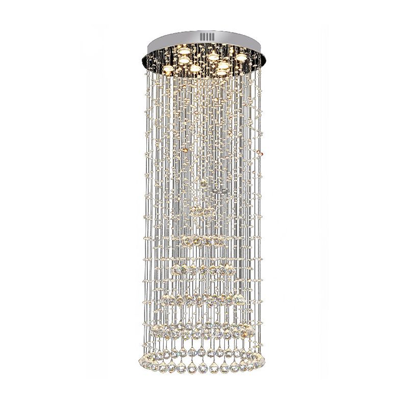 Cylinder Flush Mount Lighting Minimalist Crystal Ball 8 Lights Nickel Close to Ceiling Lamp