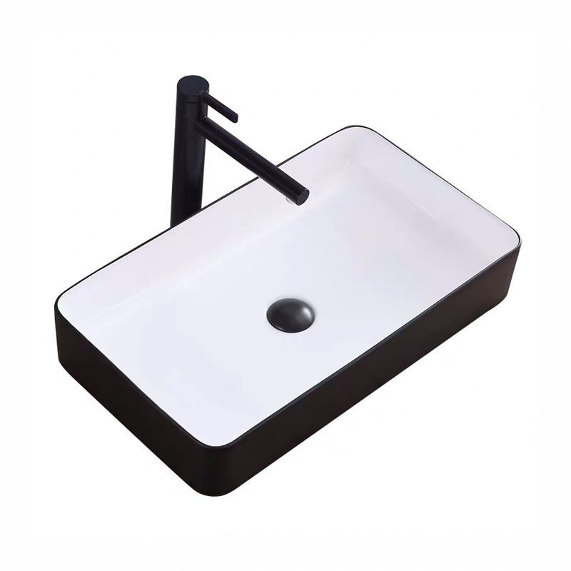Modern Bathroom Sink Porcelain Rectangular with Pop-Up Drain and Faucet Wash Stand