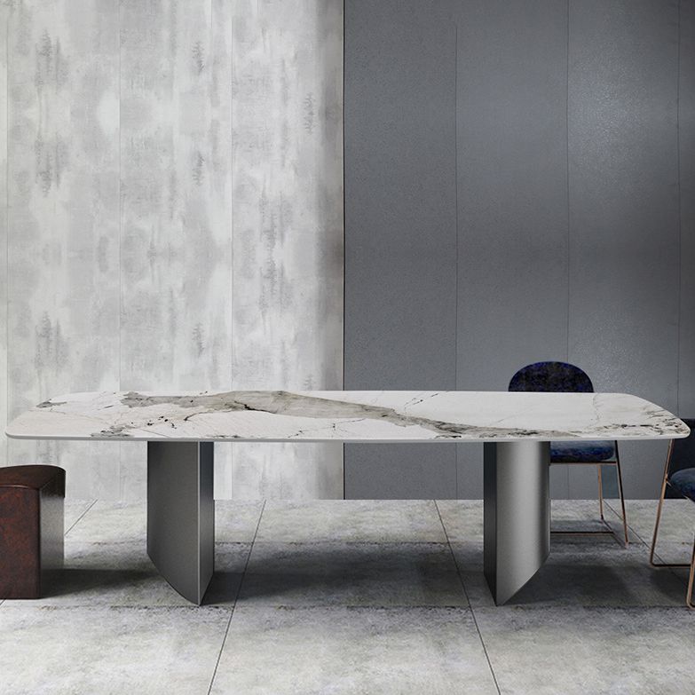 Mesa de comedor de piedra sinterizada de estilo moderno Mesa rectangular con base de pedestal doble