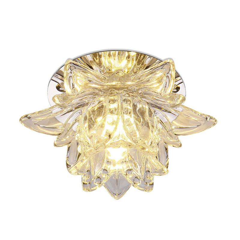 Lotus-Shaped Entryway LED Flush Mount Crystal Modern Flushmount Ceiling Light in Clear