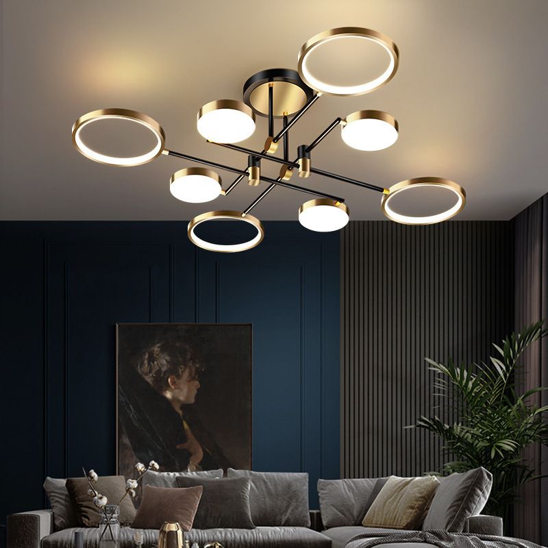 Candelabro de estilo metálico posmoderno, lámpara colgante Art Deco con anillo hueco de aluminio cepillado dorado para sala de estar