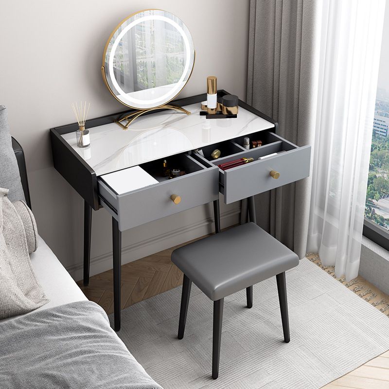 Modern Compact Makeup Vanity 1/2 Drawers Dressing Table with Padded Stool
