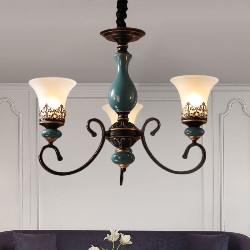 Rustic Style Bell Shade Hanging Pendant Light Milky Glass 3/5/6-Head Chandelier Lighting in Blue