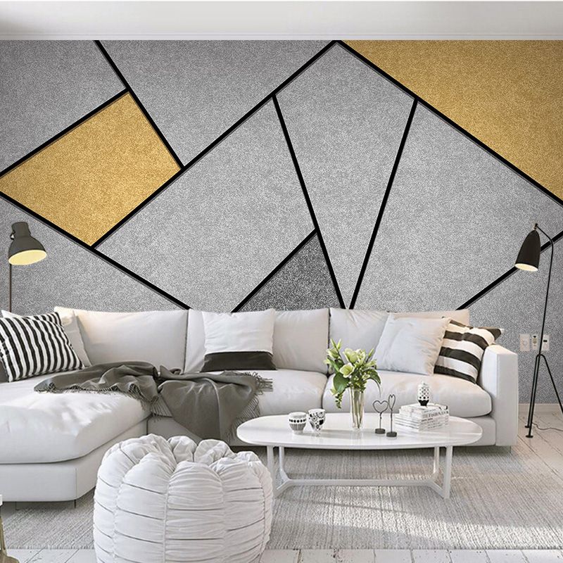 Extra Large Nordic Wall Art Grey and Yellow Geometries Mural Wallpaper, Custom-Printed