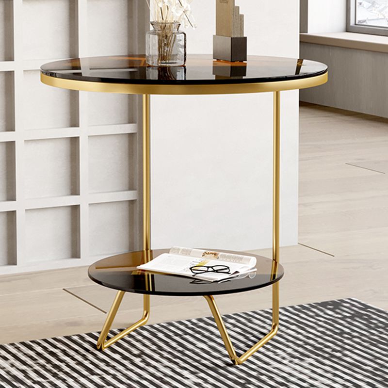 Round Glass & Stone Top Sofa Side Accent Table Frame Shelf Included End Table - Dia 19.69"