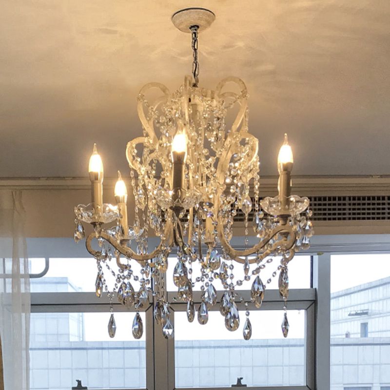 Candle Metal Chandelier Pendant Light Vintage Living Room Hanging Light with Crystal Bead Accent