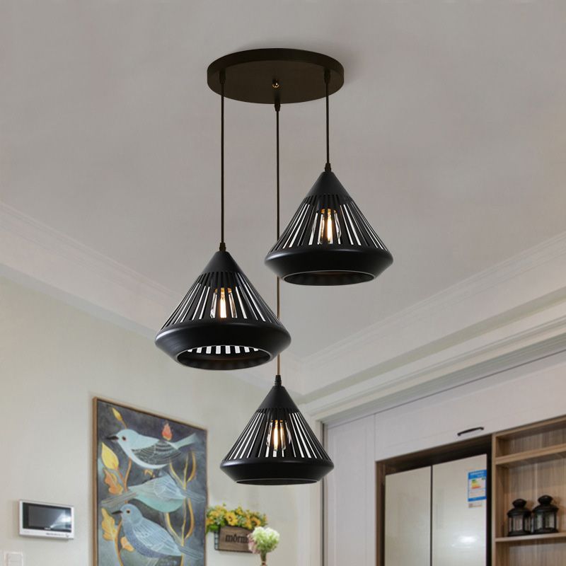 3-Head Multi Hanging Light Retro Hollowed Out Diamond Iron Ceiling Pendant Light with Round/Linear Canopy in Black