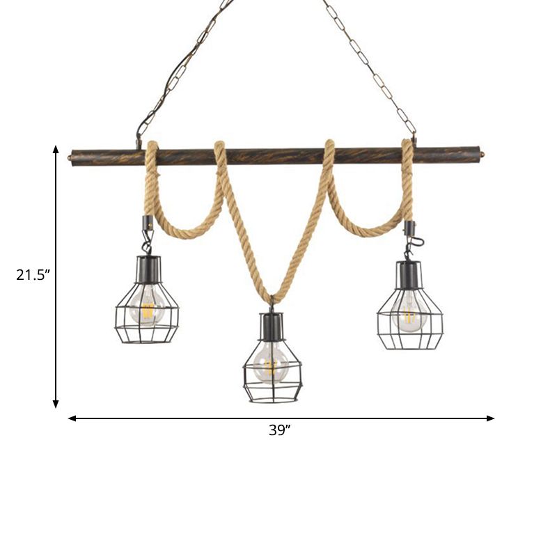 Global/Bottle Restaurant Island Pendant Light Iron 3 Lights Retro Style Black Ceiling Light with Hanging Rope