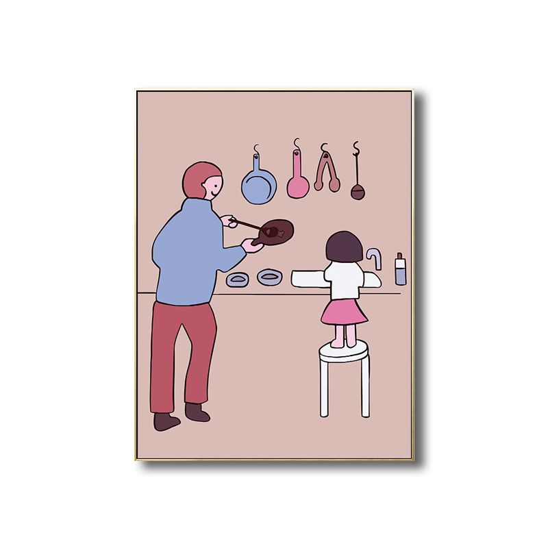 Pink Kids Wall Art Drawing Print Mom and Her Baby Girl Canvas for Dining Room
