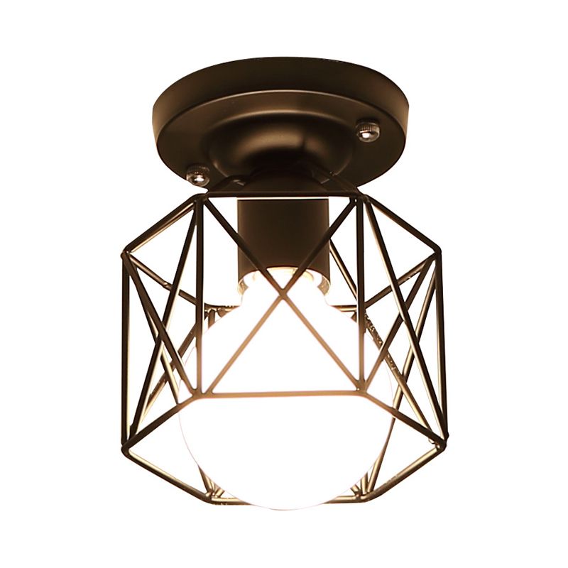 Black Hexagon Cage Flush Mount Lighting Modern Iron 1 Bulb Kitchen Flushmount Ceiling Lamp