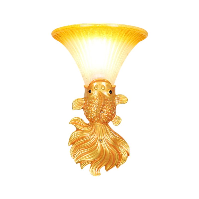Fish Shape Resin Wall Sconce Country 1 Head Restaurant Red/Gold Finish Wall Mount Lamp with Amber Glass Bell Shade