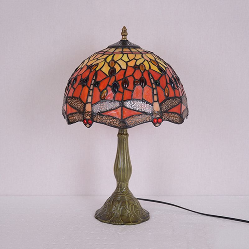 Dragonfly Table Light 1-Head Stained Art Glass Tiffany Night Lamp in White/Yellow/Orange for Living Room