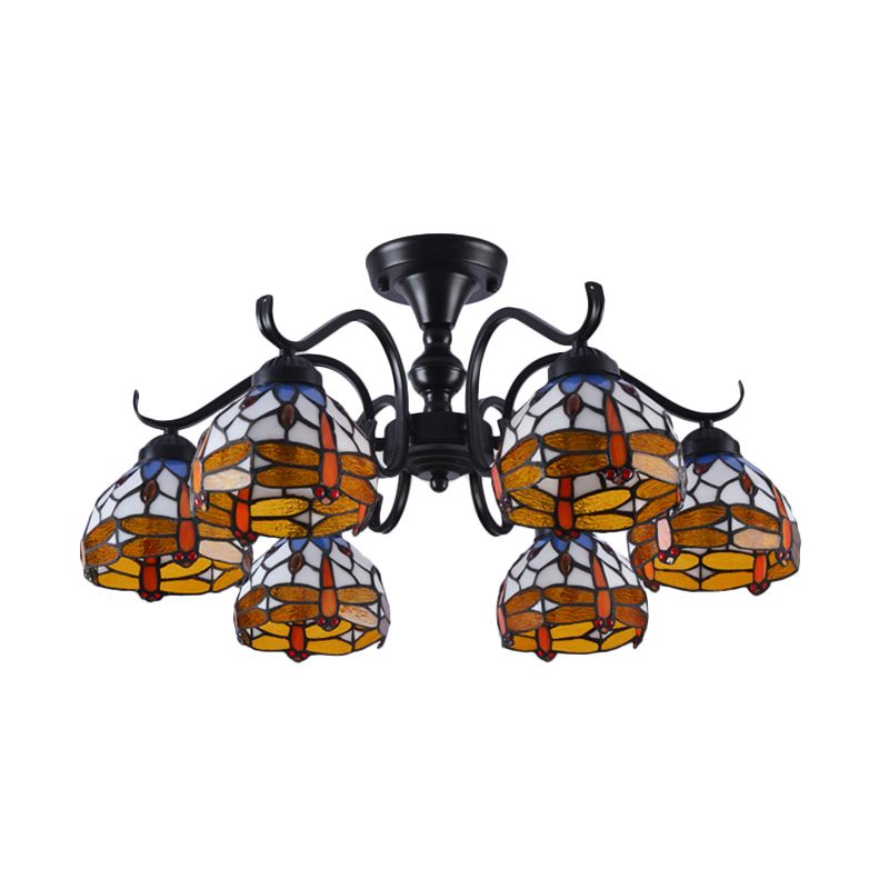 13"/19.5" H Dragonfly Semi-Flush Mount 6 Lights Cut Glass Mediterranean Ceiling Mounted Fixture in Black