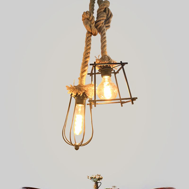 Black Caged Ceiling Fixture Lodge Style 2 Lights Metal and Rope Hanging Lighting with Different Shade for Hallway