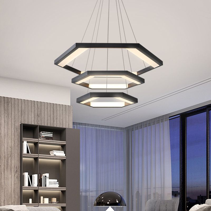 Hexagon Acrylic Chandelier Modernist 1/2/3 Lights Black Led Hanging Ceiling Light in White/Warm Light