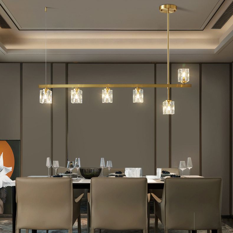 Linear Pendant Lighting Modern Island Lights Crystal Metal 4 Light Island Ceiling Light in Gold
