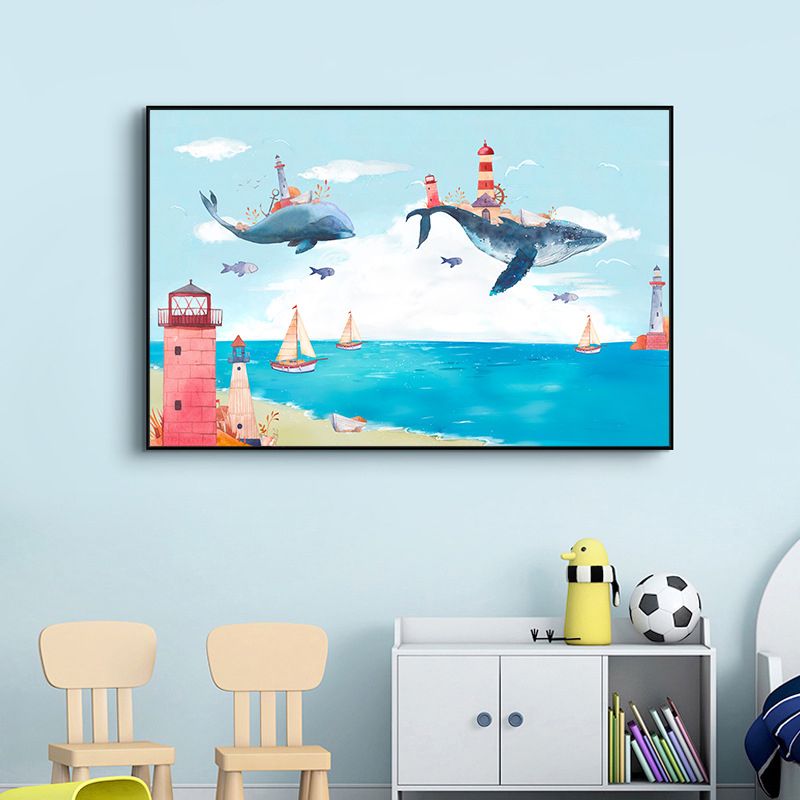 Fantasy Flying Whales Adventure Canvas Kids Style Textured Wall Art in Pastel Blue