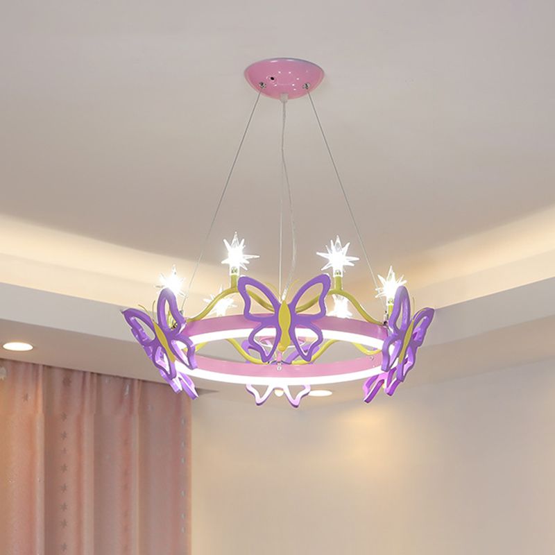 7 Bulbs Girl Room Hanging Chandelier Kid Pink Pendant Lamp with Butterfly/Crown Acrylic Shade