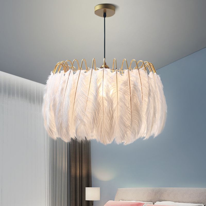 White Drum Pendant Lighting Fixture Modern Style Feather Suspension Pendant Light