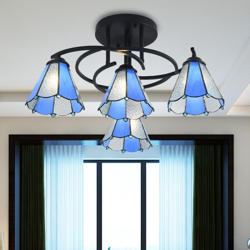 4 Lights Bedroom Semi Flush Mount Light Mediterranean Black Ceiling Lamp with Cone/Dome White/Beige/Blue Glass Shade