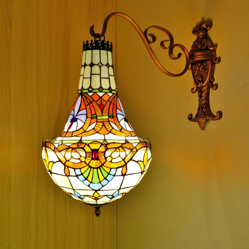 3 Lights Wall Light Fixture Mediterranean Flower Stained Glass Sconce in Beige/Yellow/Orange for Living Room