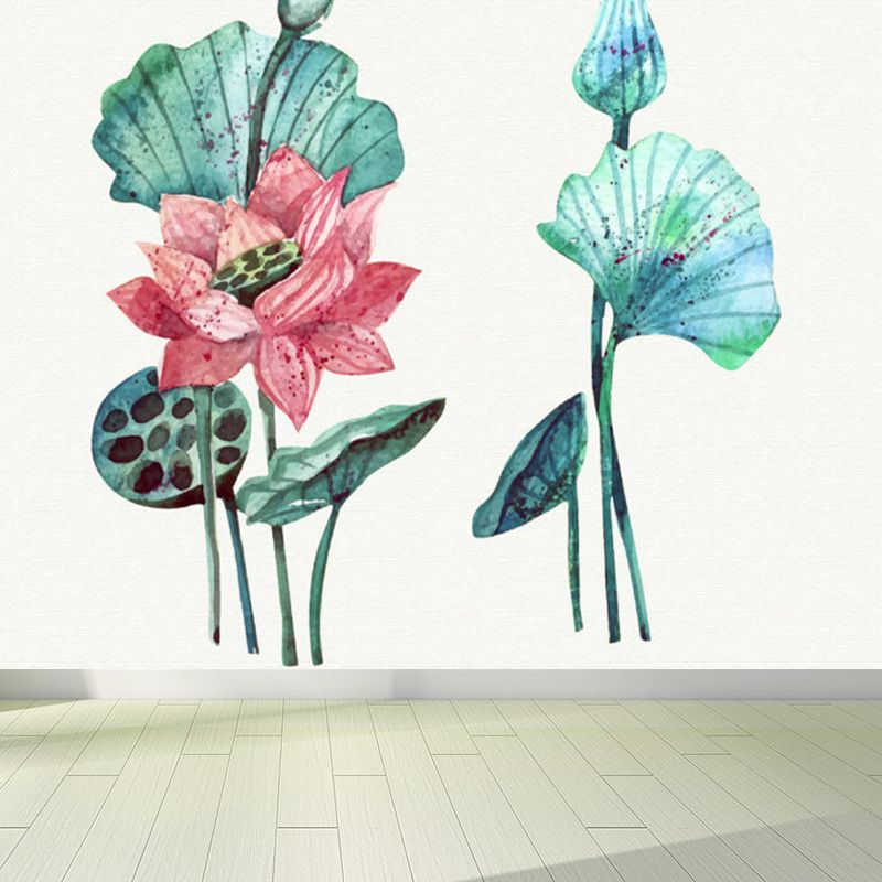 Non-Woven Decorative Wall Mural Modern Lotus Blossom and Lotus Seedpod Wall Covering