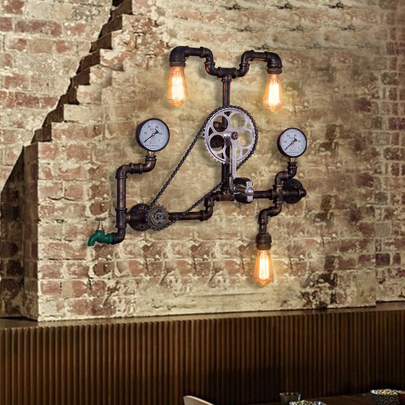 Metal Rust Finish Sconce Light Fixture Bicycle-Shape 3 Bulbs Industrial Wall Mount Pipe Lamp for Restaurant
