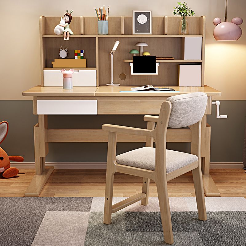 Adjustable Wooden Kids Desk with Hutch Natural Writing Desk and Chair Set with Drawer