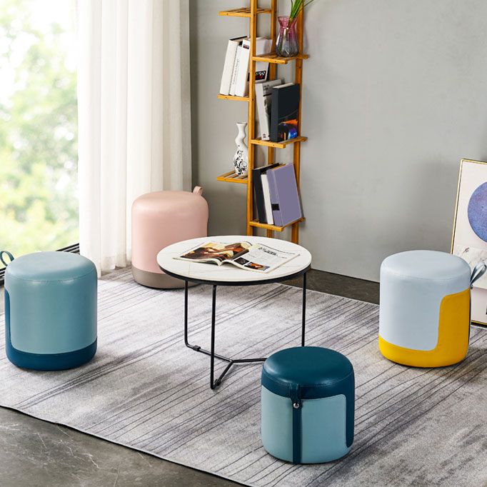 Faux Leather Pouf Round Patchwork Water Resistant Contemporary Pouf Ottoman