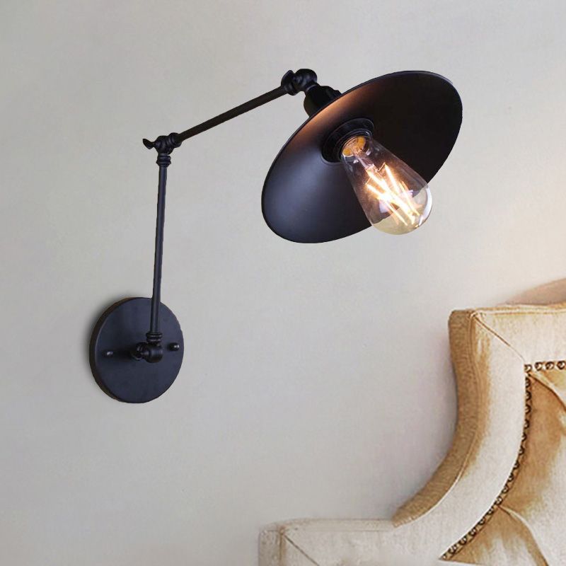 Metal Black/White Wall Sconce Swing Arm 1 Light Living Room Sconce Light Fixture with Saucer Shade