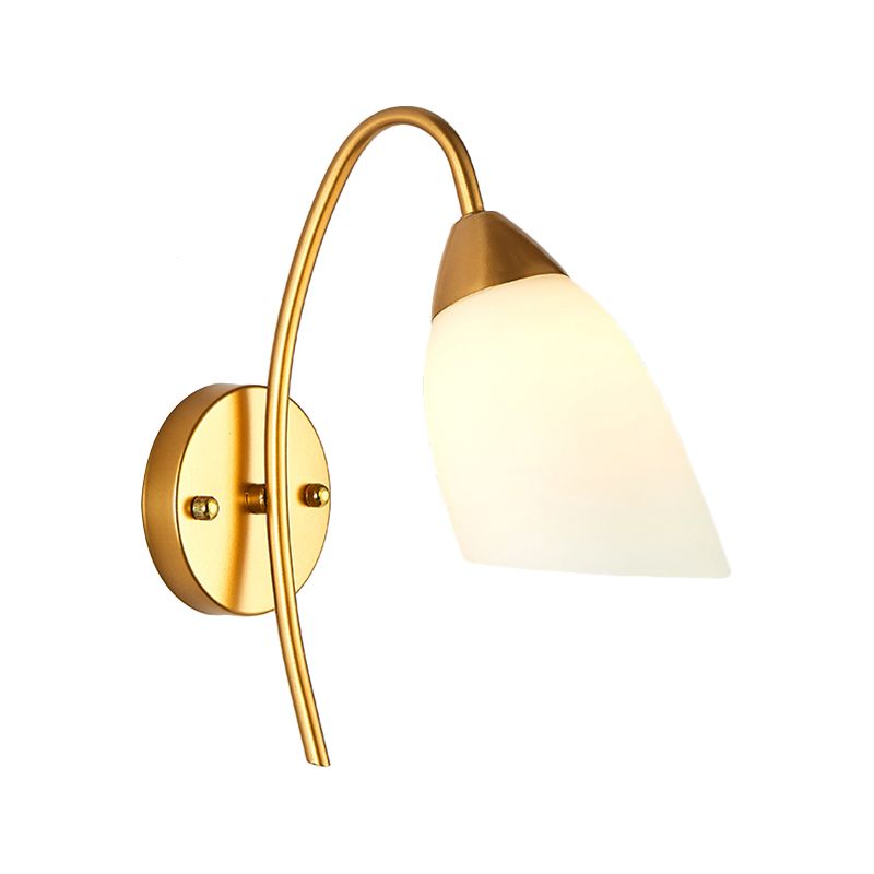 1 Head Bedroom Sconce Light Modernism Gold Wall Mount Lamp with Flare White Glass Shade