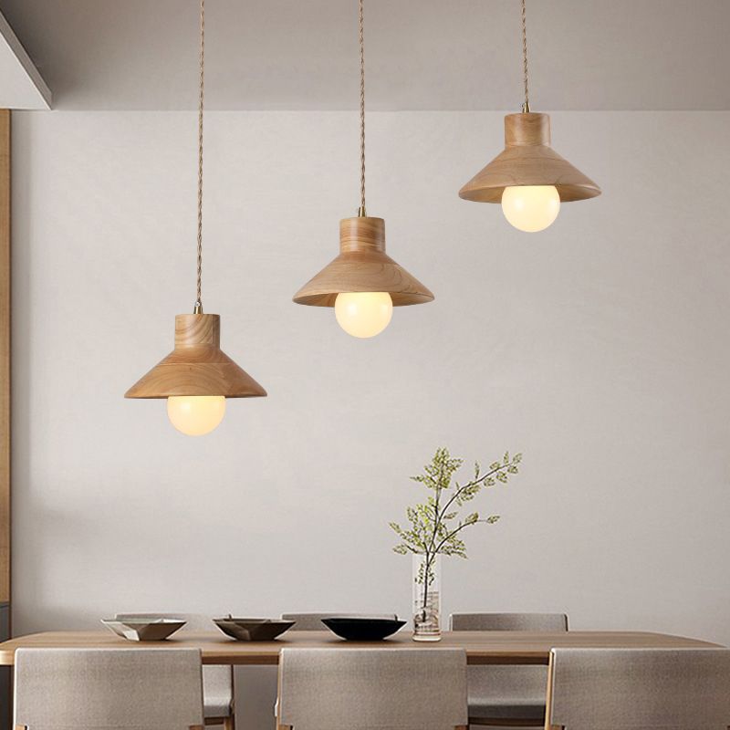 Wood Cone Pendant Lamp Contemporary Style Hanging Light for Dining Room